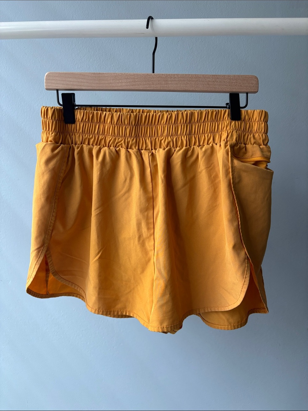 Smocked Waist Mustard Yellow Athletic Shorts with Side Pockets